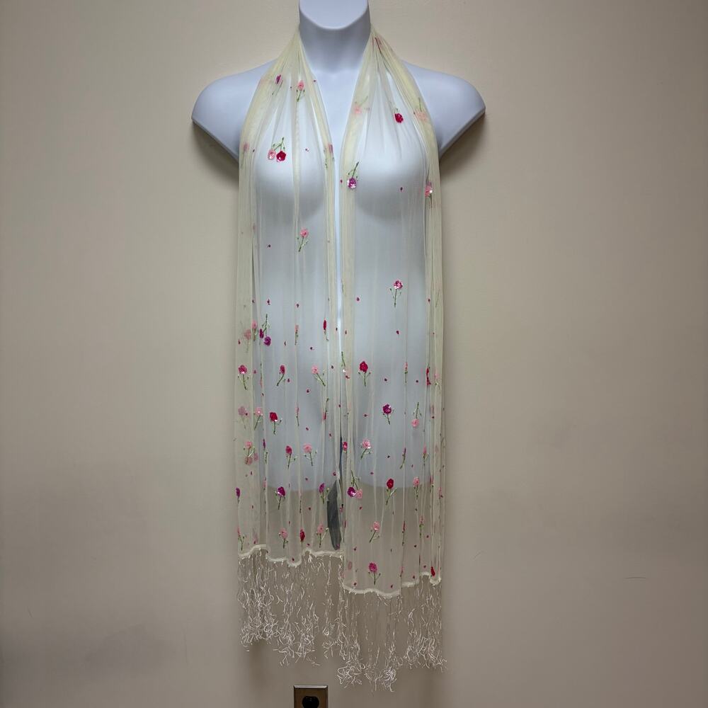 NWT Lane Bryant Ivory Embroidered Floral Sheer Scarf Fringe Romantic Feminine